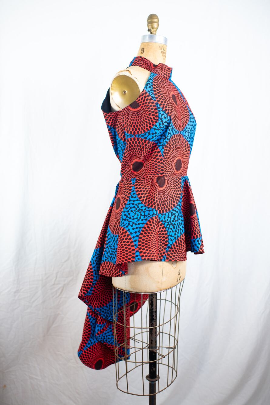 Colorful Boutique African Print Dress, High Low Skirt Fit and Flare Ankara, XL